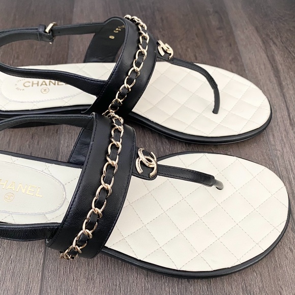 2023 CHANEL CC LOGO BLACK THONG LEATHER FLAT SHOES SANDALS 37 - Picture 7 of 16